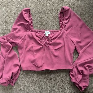 Open Edit Womens Burgandy Key Hole Long Sleeve Rouched Top